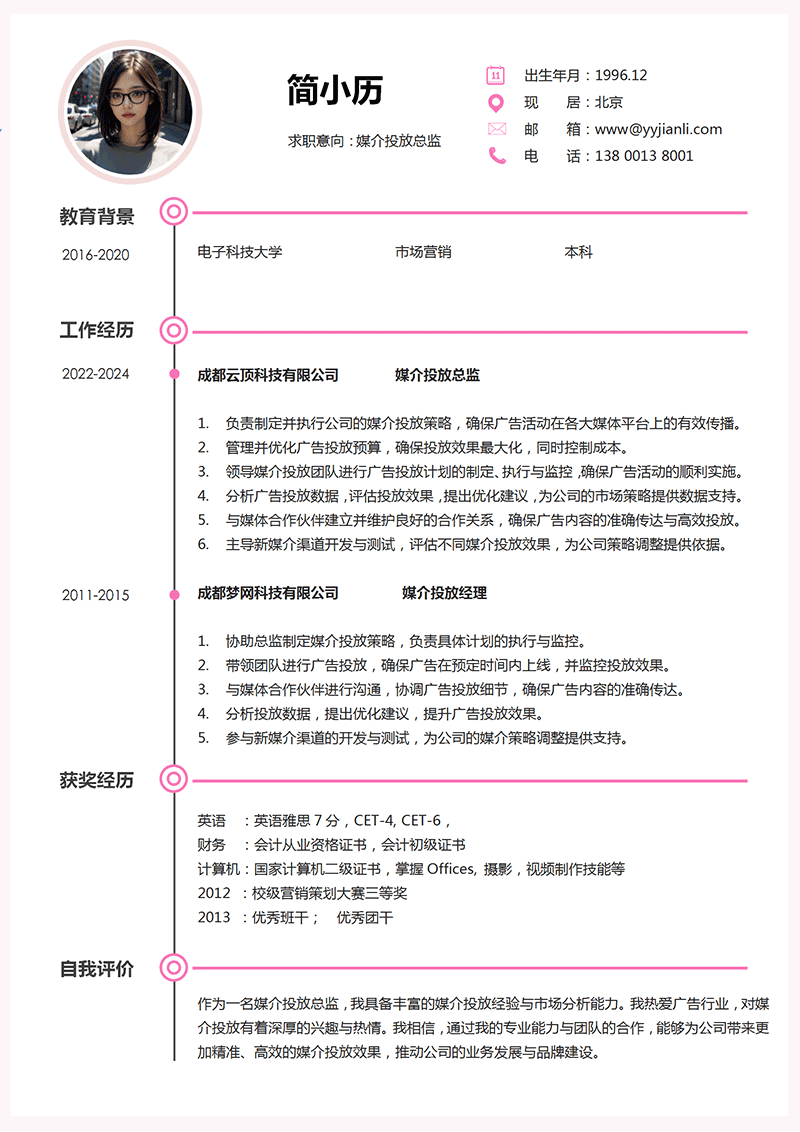 媒介投放总监简历模板