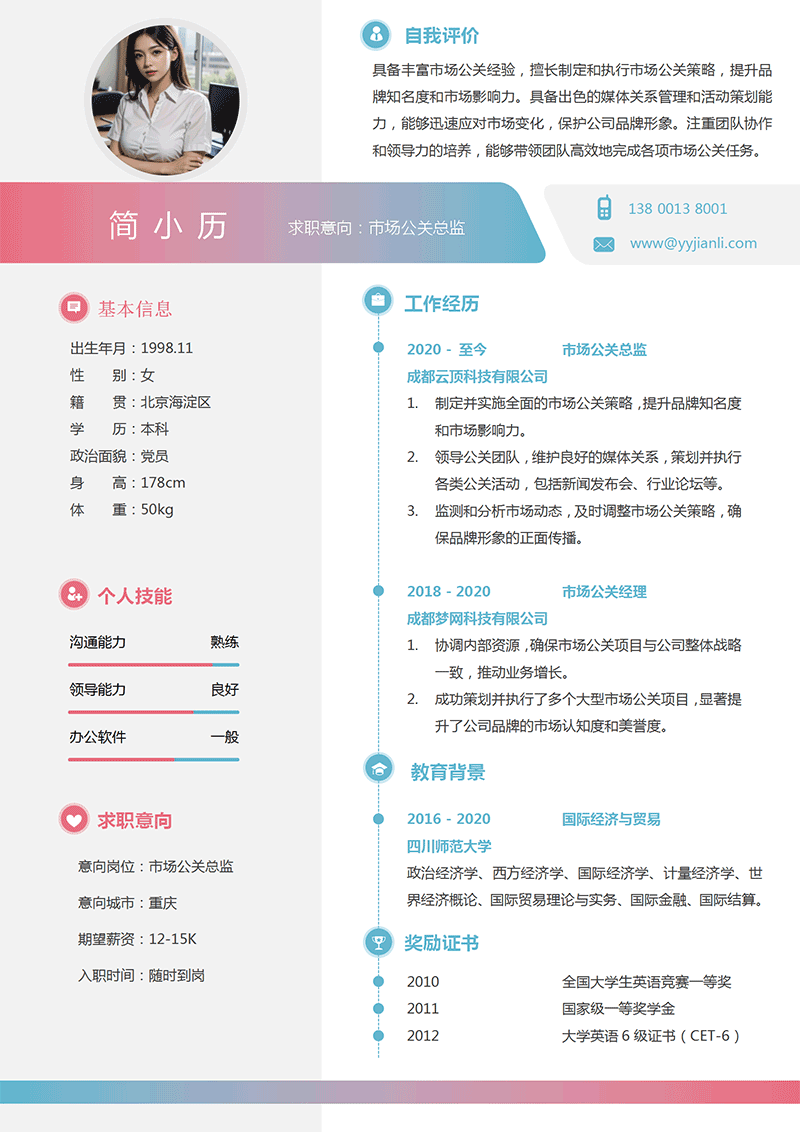 市场公关总监简历模板